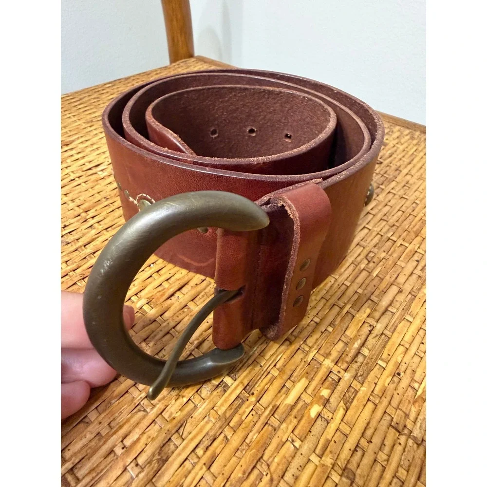 Fossil Wide Leather Belt Brown Studded Brass Horseshoe Ring Buckle Boho Western